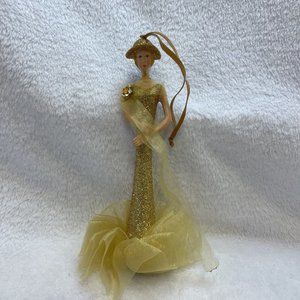 HTF Ornament Women In Gold Glitter With‎ Hat And Tulle Christmas Decor Bling